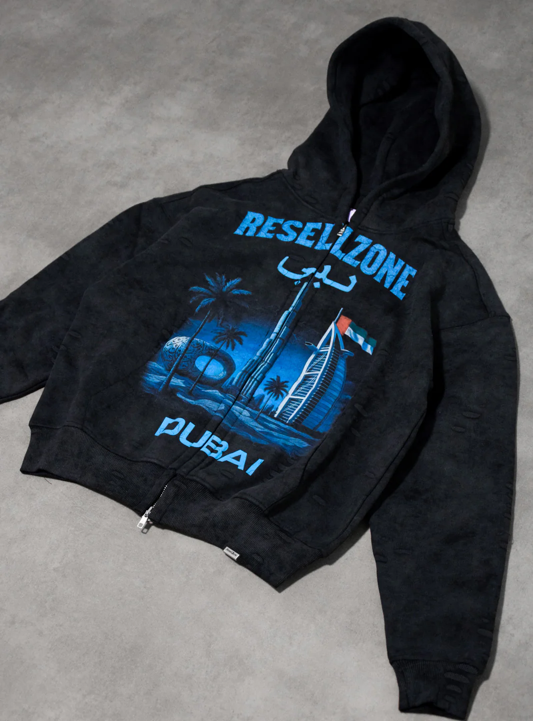 ResellZone Dubai Zip Up Hooded Sweatshirt Washed Black - Image 5