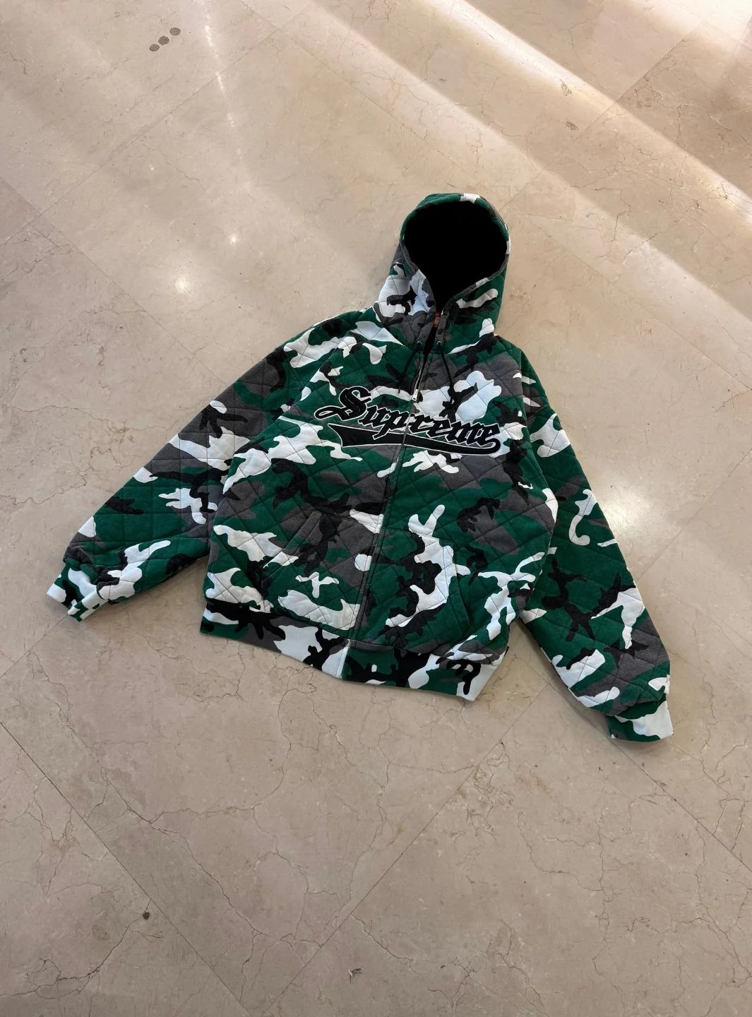 Supreme Quilted Zip Up Hooded Sweatshirt Green Camo - Image 3